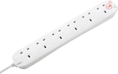 Masterplug Six Socket Extension Lead, 2 Metre Cable, Surge Protection, Power and Surge LED Indicators, Unswitched, 6 Way Plug Extension Cable, Power Strip, White, 13A, 6G, 2m, SRG6210N
