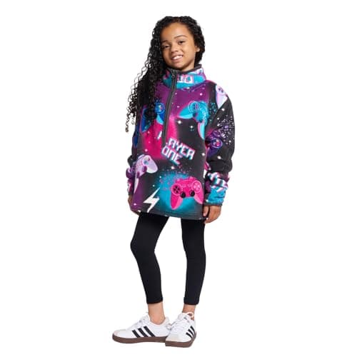OHS Half Zip Fleece Top Kids, Lightweight Warm Gaming Print Fleece Jacket Soft Sweatshirt Casual Long Sleeve Unisex Jumper Pullover for Outdoor Activities, Purple