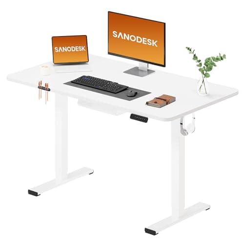 SANODESK Electric Standing Desk 110 * 54 One Piece Height Adjustable Desk With Memory Smart Panel Sit Stand Table With Hooks for Home Office, White