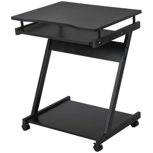 HOMCOM Mobile Computer Desk Z-Shaped Writing Desk 4 Wheels Black