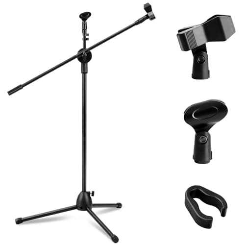 GREENSAPPIRE Adjustable Boom Mic Stand Tripod with Dual Mic Clips Black