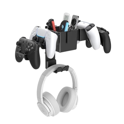 KDD Controller Holder Wall Mount, Universal Gaming Organizer Stand with Storage Box, Headphone Hook for Xbox Series X/VS, Playstation, PS4, PS5, Switch, Steam, Gaming Accessories for Desk