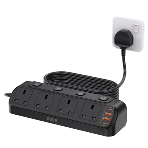 Desk Extension Lead with 4 USB Slots, BEVA 4 Way Surge Protected Plug Extension with PD20W USB C Charger, Individual Switches, Mountable Desktop Power Socket with 1.8M Cable - Black