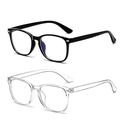 Blue Light Filtering Glasses, 2 Pack Computer and Gaming Eyewear for Women and Men, Anti-Glare Clear Lens Screen Glasses, Lightweight Frames for Work Study and Daily Wear, Black and Clear White