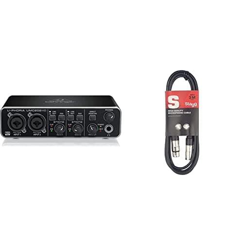 Behringer U-PHORIA UMC202HD Audiophile 2x2, 24-Bit/192 kHz USB Audio Interface with Midas Mic Preamplifiers & Stagg SMC3 3m XLR to XLR Plug Microphone Cable, Black