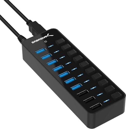 SABRENT Powered USB Hub 10 Ports 60W, 3 Smart Charging Ports, 7 Fast Data Transfer Ports, USB Docking Station with Switches (HB-B7C3)