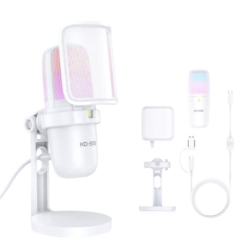 Ko-Star RGB USB Microphone, White Gaming Mic for PC, PS5, Laptop, Phone, Condenser Mic with Touch Mute, Pop Filter, Cardioid Pickup, Plug & Play for Streaming, Podcast, Recording, Gaming