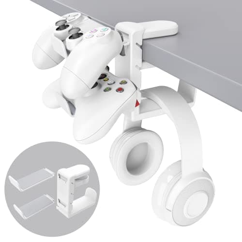 3-in-1 Headset&Controller Holder-Rotatable Gaming Accessories Headphone Holder with Clamp & Detachable Holder for Controller & Cable Organizer, PC Gaming Accessory Controller Headset Stand, White