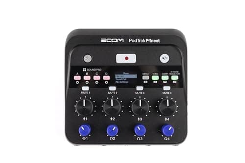 ZOOM PodTrak P4next podcast recorder, 4 XLR microphone inputs, 4 headphone outputs, AI noise reduction, tone and comp effects, telephone input, sound pads, recording to SD, battery or USB power supply