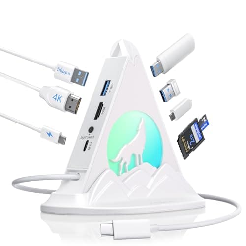 USB C Hub, 8 in 1 USB C Hub Multiport Adapter with 4K HDMI, PD 100W, 5Gbps Type C 3.0, 3xUSB A 3.0, SD/TF Card Reader& RGB Lighting, White Docking Station for MacBook Air/Pro, HP, Laptop, PC(Wolf)