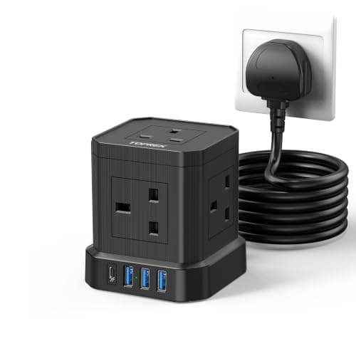 TOPREK 20W Fast Charge Extension Lead with USB Slot, 5 Way Cube Power Strip