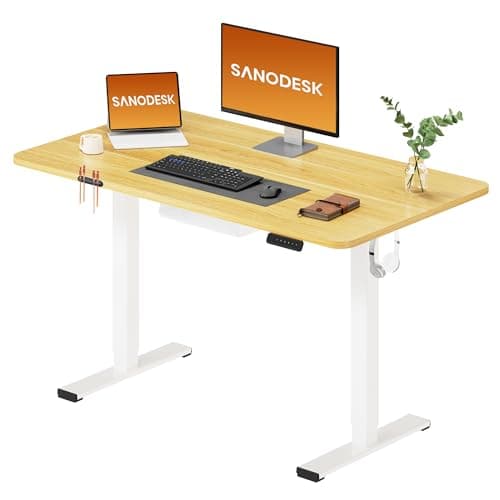 SANODESK Electric Standing Desk 110 * 54 One Piece Height Adjustable Desk With Memory Smart Panel Sit Stand Table With Hooks for Home Office, Maple
