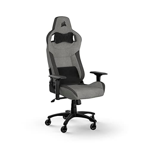 Corsair T3 RUSH Fabric Gaming Chair (2023) – Racing-Inspired Design – Soft Fabric Exterior – Padded Neck Cushion – Memory Foam Lumbar Support – Adjustable Seat Height – Grey & Charcoal