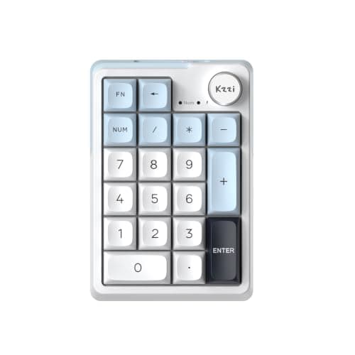 ELMWAY KZZI K20 Wireless Mechanical Number Pad – Rechargeable Tri-Mode Numeric Keypad (Bluetooth/2.4G/USB-C), RGB Backlight, Aluminum Knob & Hot-Swappable – White Blue