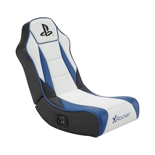 X-Rocker PlayStation Geist 2.0 Floor Rocker, Audio Gaming Chair - Headrest Speakers, Ergonomic Support, Foldable Rocking Base, Wipe-Clean Faux Leather for Kids & Teens - White & Blue - Licensed