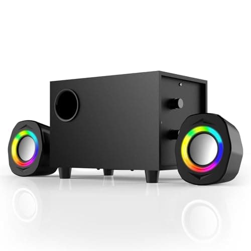 WMQ 2.1 PC Speakers with Subwoofer, Desktop Computer Speakers Gaming, Speakers for Monitor, Stereo Speaker Set, 3.5mm Aux, USB Powered, Volume Control, LED Lights, Black