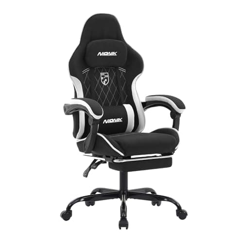 NIONIK Gaming Chair with Footrest and Massage Lumbar Cushion, Ergonomic Computer Chair with 135° Recline, Breathable Fabric, Headrest and 360° Swivel, Heavy Duty Office Chair Up to 150kg(BlackWhite)