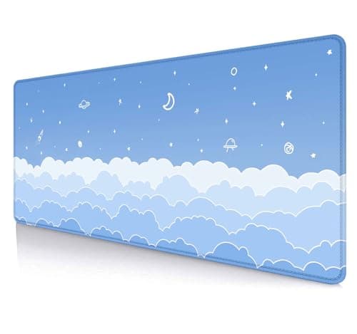 LTHAOGUO Cute Light Blue Desk Mat Mousepad, Kawaii Anime Gaming Deskmat Pastel Clouds, Aesthetic Stars Moon Deskpad, Minimalist Mint White XL Mouse Pad, 31.5 X 11.8 Inch