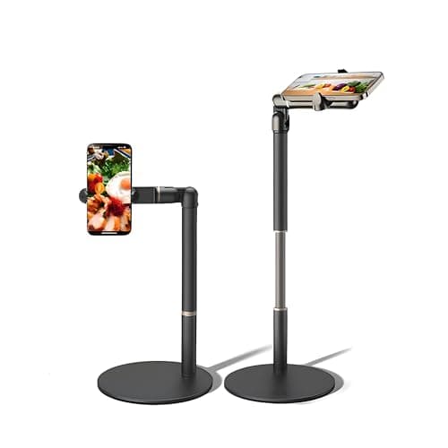 LUONOCAN Overhead Phone Mount, Hands Free Phone Stand for Filming, Desk Phone Holder, Height and Angle Adjustable (base size 16cm(side-hole))