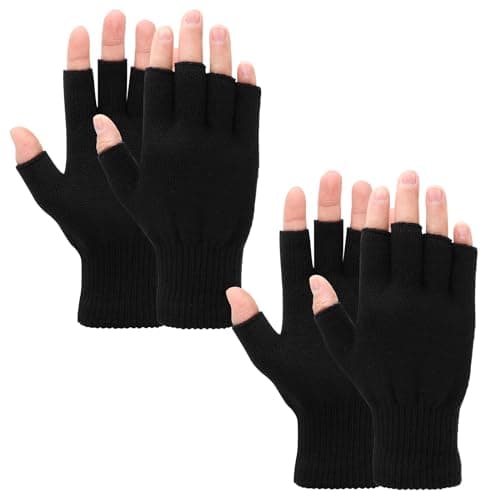 Grevosea 2 Pair Fingerless Gloves, Winter Half Finger Gloves Thickened Cashmere Warm Glove Knit Touchscreen Warm Stretchy Mittens Fingerless Glove for Men and Women Black+Grey