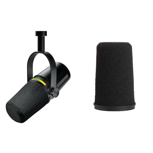 Shure MV7+ Podcast Microphone. Enhanced Audio, LED Touch Panel, USB-C & XLR Outputs & RK345 Black Foam Replacement Windscreen for SM7A and SM7B Microphones - Reduces Unwanted Breath and Wind Noise