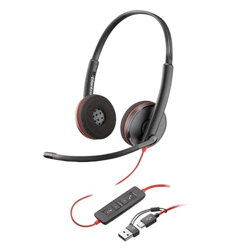 HP Poly Blackwire 3220 Wired Headset - Hi-Fi Stereo Sound - Noise-Canceling Mic - Connect to PC via Corded USB-C & Tethered USB-A Adapter - Over-Ear Design - Works With Top Virtual Meeting Platforms