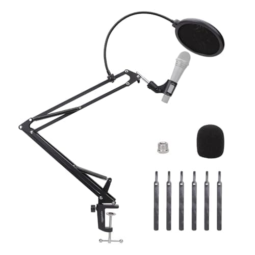 Amazon Basics Adjustable Microphone Boom Arm Stand, 35.6 cm , Supports Standard Microphones, Adjustable Tension, Includes Pop Filter & Windscreen, Desk Clamp Mount, Black