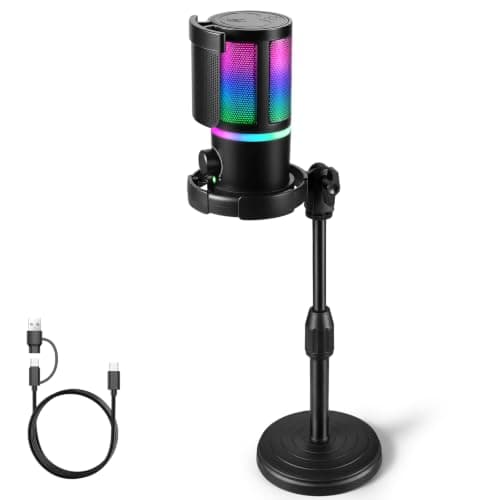 FerBuee USB PC Microphone with RGB Light, Volume Control, Mute Button, Echo Function, Headphone Monitoring Jack. Compatible with Windows, MAC, PS4/PS5