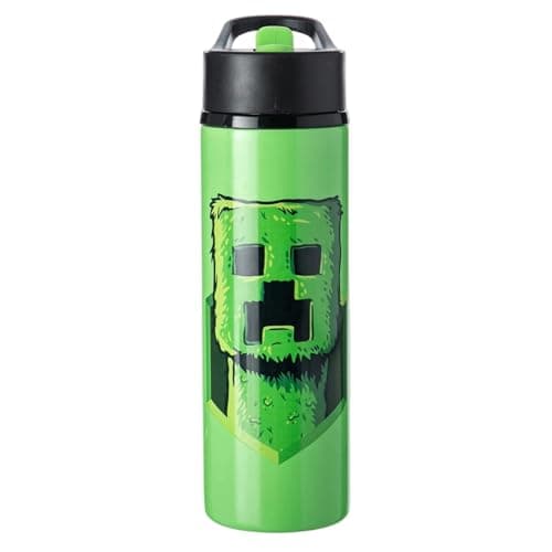 HOX Minecraft Creeper Steel Water Bottle 750ml - Lightweight Steel Sports Drinks Bottle with Flip-Top Spout - Leak Proof + Carry Handle, Green