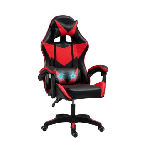 Sulwena Ergonomic Gaming Chair, Reclining Computer Chairs 360° Swivel Office Desk Chair with Massage Lumbar Cushion + Headrest, Height-Adjustable Video Game Chairs for Adults (Black + Red)