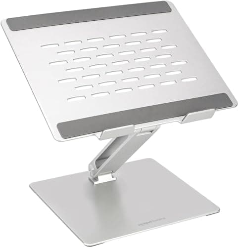 Amazon Basics Adjustable Ergonomic Laptop Stand, Multi-Angle with Heat Vent, Pre-Tightened Hinges for Stability, Fits 10 (25.4 cm) - 17 Inches (43.2 cm) Laptops, Silver