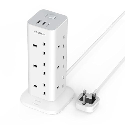 TESSAN Tower Extension Lead with USB C Slot, 12 Way Multi Plug Adaptor 2M