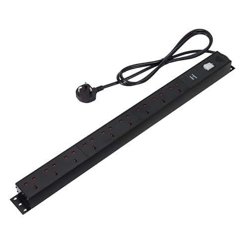 Amazon Basics Heavy-Duty 9-Way Metal Power Strip with Surge Protection, Safety Shutters, Socket Strip Extension, 1.8m Cable, Wall Mountable, 600J, Black