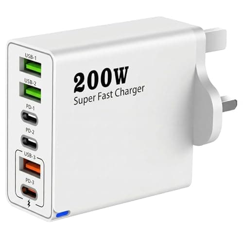 200W USB C Charging Station, 6-Port Multi USB Charger Fast with PD 100W/65W/45W/20W Fast Charging Multi Charger usb Plug uk Compatible with phone, Tablets and USB-C Devices