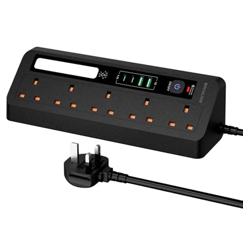 Desk Extension Lead with USB Slots, BOCHLION 2 USB C and 2 USB A Ports Power Socket With Night Light, 5 Way Plug Extension Socket Surge Protector, Desktop Power Strip 1.8M for Home Office-Black