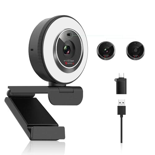 Angetube Webcam for PC, 1080P/30fps USB Camera with Ring Light & Lens Cover
