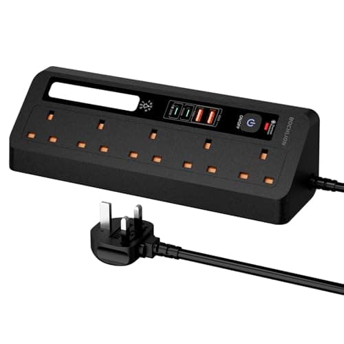 Desk Extension Lead with USB Slots, BOCHLION PD 35W + PD 20W Fast Charging Power Station with Night Light, 5 Way Plug Extension Socket Surge Protector, Desktop Power Strip 1.8M for Home Office-Black