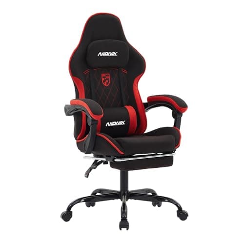 NIONIK Gaming Chair with Footrest and Massage Lumbar Cushion, Ergonomic Computer Chair with 135° Recline, Breathable Fabric, Headrest and 360° Swivel, Heavy Duty Office Chair Up to 150kg (BlackRed)