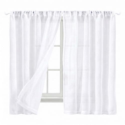 QFWFG 2 Pcs White Voile Net Curtains, Slot Top Semi Sheer lightweight Curtains for Windows, Privacy Sheer Voile Panel Curtains for Kitchen, Bedroom, Living Room Window 25" W x 36" L