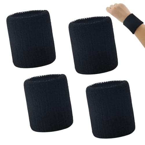 4 Pack Black Sweatbands Sports Wristband Cotton Sweat Band for Men and Women, Good for Tennis, Basketball, Running, Gym