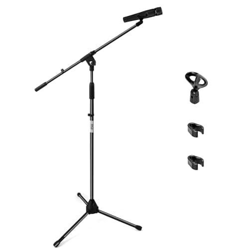 Pyle Foldable Tripod Microphone Stand - Adjustable Height from 37.5" to 65", Extendable Boom Arm Up to 28", Universal Mic Holder, Stable Floor Mic Stand, Knob Tension Lock for Secure Setup