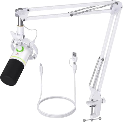 MAONO PD200XS XLR/USB Dynamic Microphone Kit, RGB Gaming Mic with Software | PC Mic with Mute, Gain Knob, Volume Control, Boom Arm for Streaming, Gaming, Podcasting, Voice-Over, Recording, White