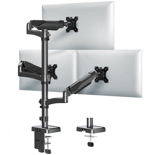 MOUNTUP Triple Monitor Arm Desk Mount Fits Max 32 Inch Computer Screen | 3 Monitor Gas Spring Monitor Stand with Tilt, Swivel and Rotation Adjustment, Comes with Clamp/Grommet Base,Holds 2-9KG