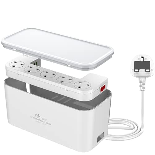 Hulker 3M Extension Lead with USB, Cable Management Box 5 Gang Plug Extension Socket with Switch, 5 Way Power Strip Cable Tidy Box, Desk Cords Organizer for Kitchen, Dorm, Office, Home