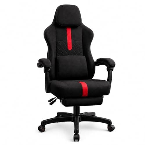 Gaming Chair with Retractable Footrest, Lumbar Pillow, Fabric, Black/Red