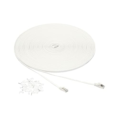 Amazon Basics Cat 7 Flat Ethernet Cable, 30.5 m, 600MHz, with Wall Clips - Heavy-Duty Shielded Gigabit Internet Cable for Routers, Modems, PCs, Smart TVs, Gaming Consoles, White