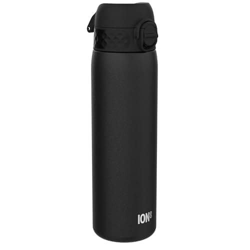 Ion8 Lightweight Steel Water Bottle, 600 ml/20 oz, Non-Insulated, Leak Proof, Easy to Open, Secure Lock, Dishwasher Safe, Flip Cover, Fits Cup Holders, Carry Handle, Metal Water Bottle, Black