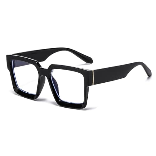 LJCZKA Oversized Square Blue Light Glasses for Women Men Big Thick Frame Chunky Computer Gaming Eyeglasses Anti Glare Headache Eyewear (Black, 0.0, x)