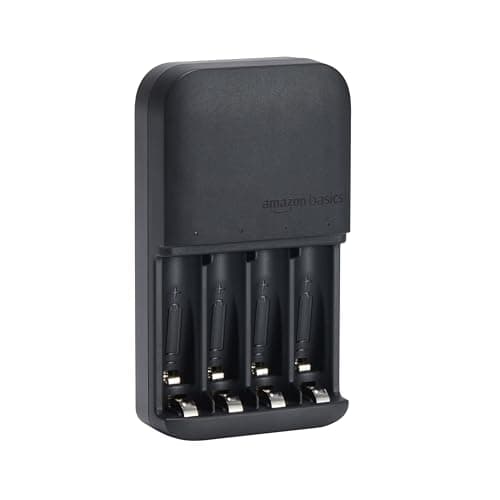 Amazon Basics Battery Charger for Rechargeable AA and AAA NiMh Batteries – UK Plug, 4-Bay, Black