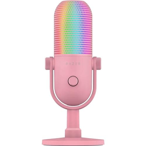 Razer Seiren V3 Chroma RGB USB Microphone: Stream & Game Reactive Lighting - Tap-to-Mute Sensor - Condenser Mic - Digital Gain Limiter & Shock Absorber - PC, Discord, OBS Studio, XSplit - Quartz Pink | Tap-to-Mute Sensor, Condenser Mic, Digital Gain Limiter & Shock Absorber, Works with OBS, Discord, Zoom, Teams